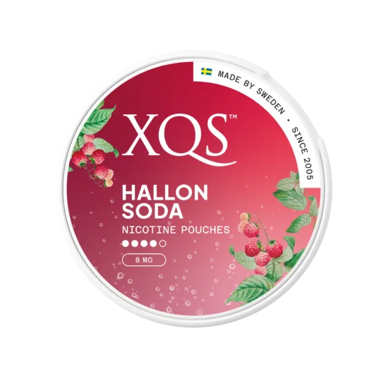 XQS Hallonsoda 8mg nicotine pouch can – tobacco-free, raspberry flavor, available at NiqPouches.com