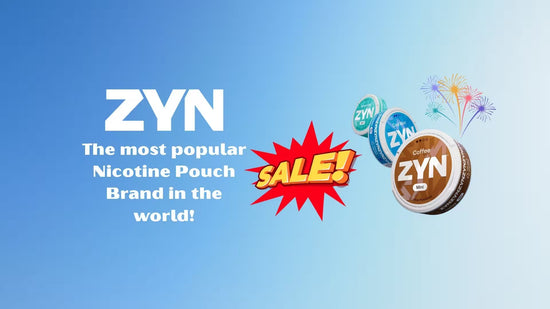 Advertisement for ZYN nicotine pouches with colorful packaging and a sale banner on a blue background.