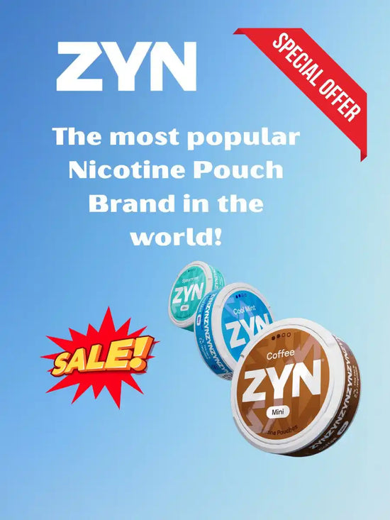 Advertisement for ZYN nicotine pouches with a blue background, featuring the brand name and product images.