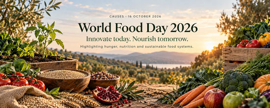 World Food Day 2026 – Innovate today. Nourish tomorrow. Fresh vegetables, grains and beans in front of a farming landscape at sunset.