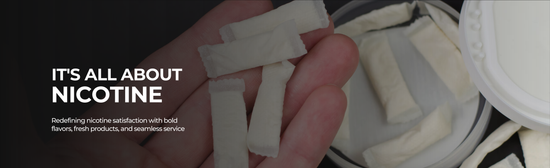 Close-up of hand holding tobacco-free nicotine pouches from an open can – featured on NiqPouches.com About Us page highlighting product quality and satisfaction