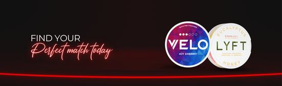 VELO Juicy Cherry and LYFT Eucalyptus Honey nicotine pouches displayed with ‘Find your perfect match today’ slogan – featured on NiqPouches.com About Us page