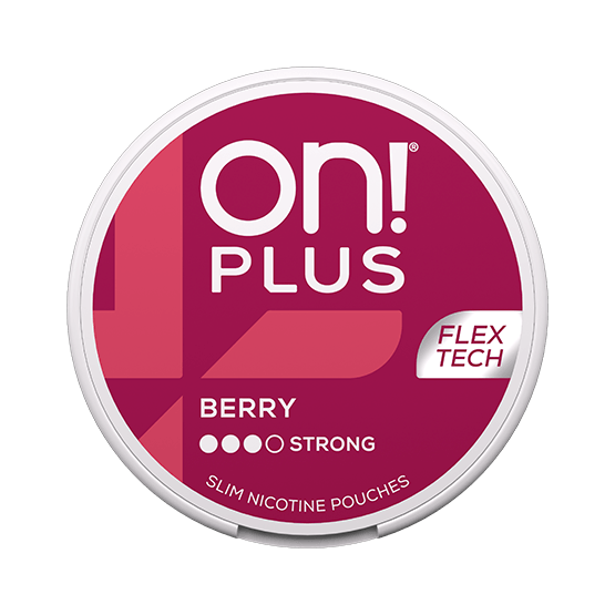 On! Plus Berry Slim Strong nicotine pouch can – tobacco-free, berry flavor, available at NiqPouches.com