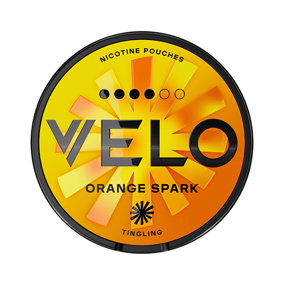 VELO Orange Spark nicotine pouch can – tobacco-free, orange flavor, available at NiqPouches.com