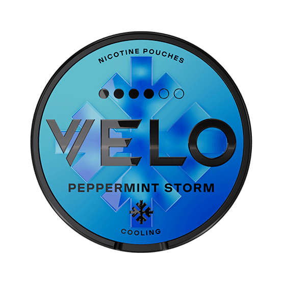 VELO Peppermint Storm nicotine pouch can – tobacco-free, cool mint flavor, available at NiqPouches.com