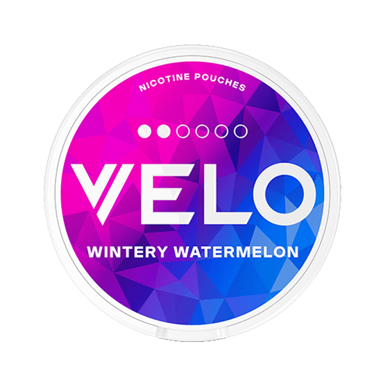 VELO Wintery Watermelon Mini nicotine pouch can – tobacco-free, watermelon and mint flavor, available at NiqPouches.com
