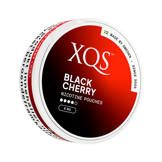 XQS Black Cherry 8mg nicotine pouch can – tobacco-free, cherry flavor, available at NiqPouches.com