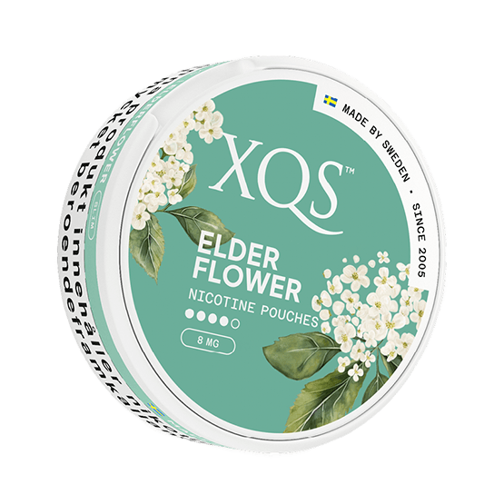 XQS Elderflower 8 mg nicotine pouch can – tobacco-free, elder flower flavor, available at NiqPouches.com