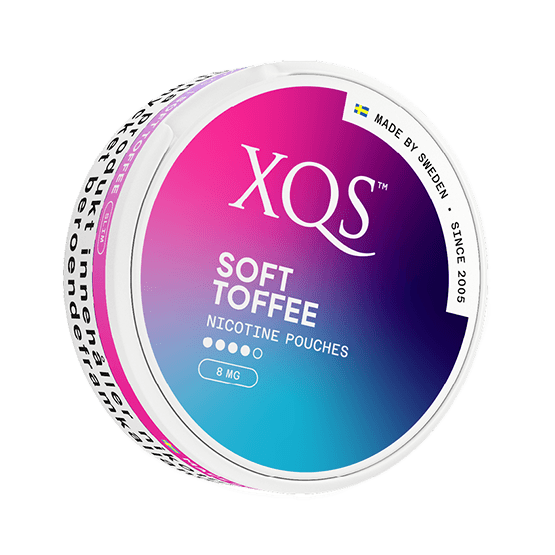 XQS Soft Toffee 8 mg nicotine pouch can – tobacco-free, toffee flavor, available at NiqPouches.com
