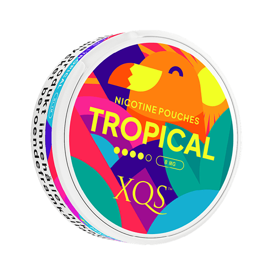XQS Tropical 8mg nicotine pouch can – tobacco-free, tropical flavor, available at NiqPouches.com