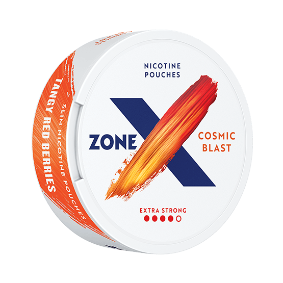 ZONE X Cosmic Blast Extra Strong nicotine pouch can – tobacco-free, raspberry flavor, available at NiqPouches.com