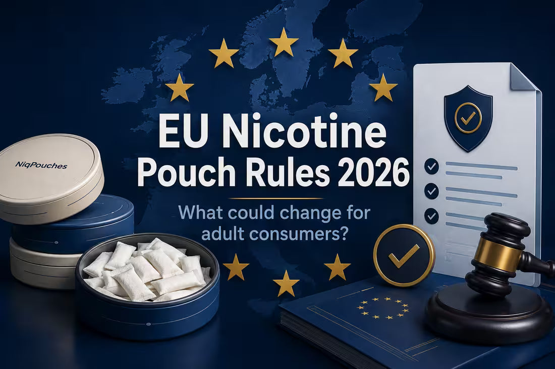 EU nicotine pouch rules 2026 blog image with nicotine pouches, legal documents and European Union symbols
