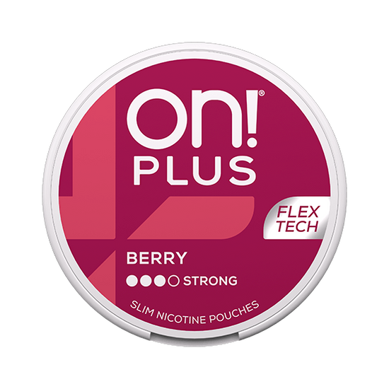 On! Plus Berry Slim Strong nicotine pouch can – tobacco-free, berry flavor, available at NiqPouches.com
