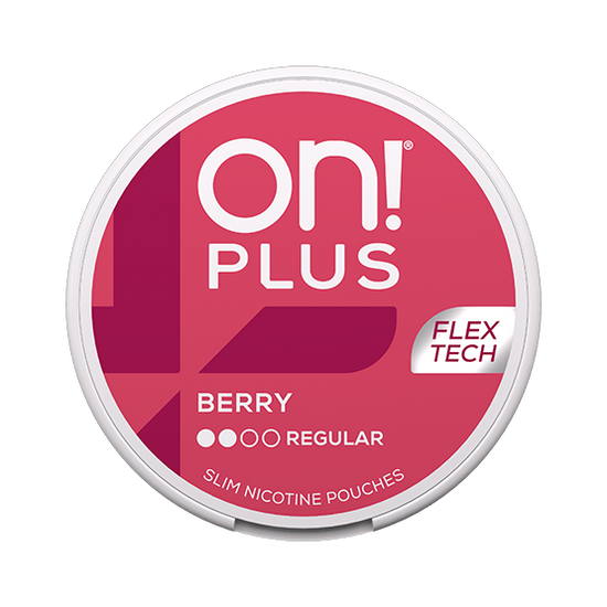 On! Plus Berry Regular nicotine pouch can – tobacco-free, berry flavor, available at NiqPouches.com